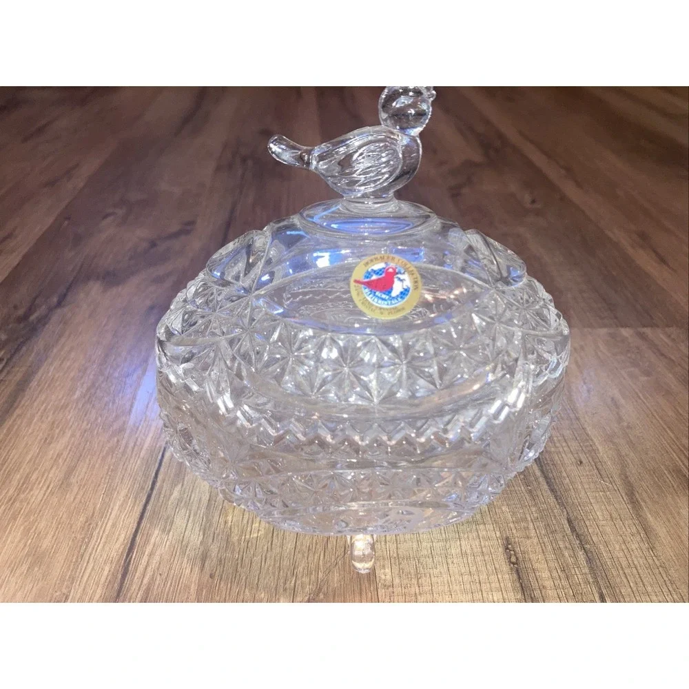 Hofbauer‎ Byrdes Crystal Covered Candy Dish Compote Footed Bird Pattern Germany